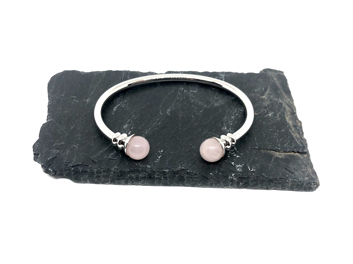Bracelet cuivre avec aimants métal argenté perles quartz rose